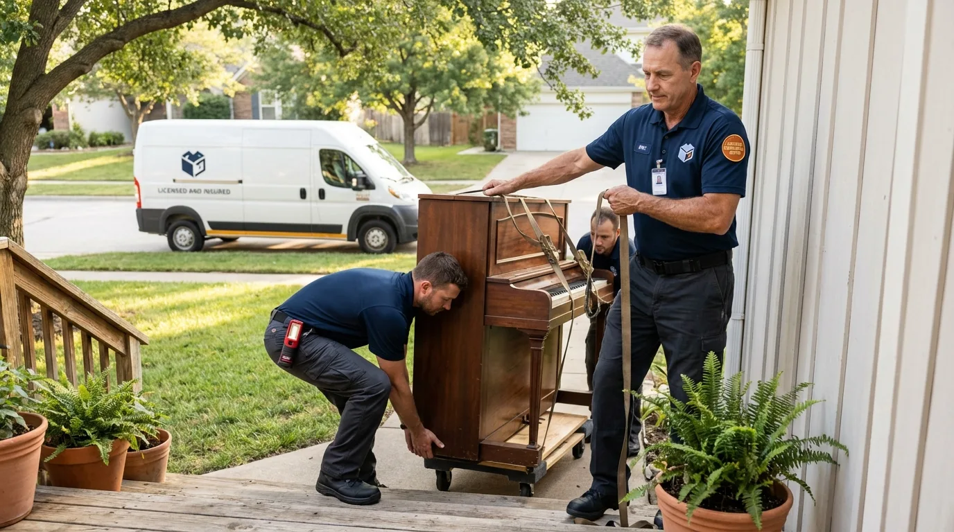 Licensed piano movers securing grand piano in Eden Prairie, MN