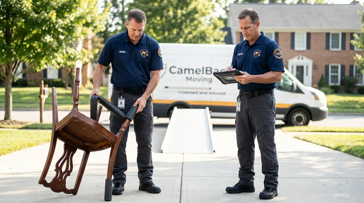 Movers inspecting furniture for damage prevention before loading in Eden Prairie, MN