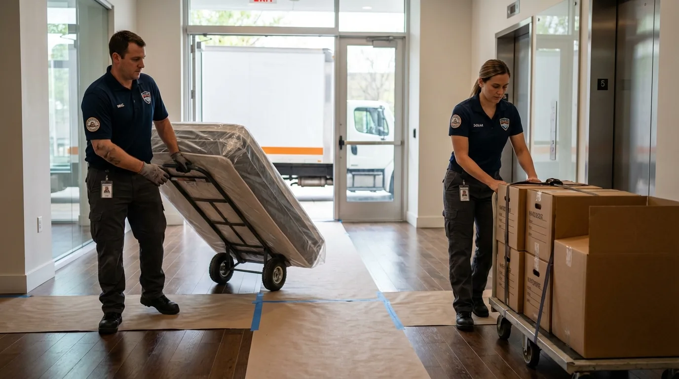 Professional apartment movers loading elevator in Eden Prairie, MN