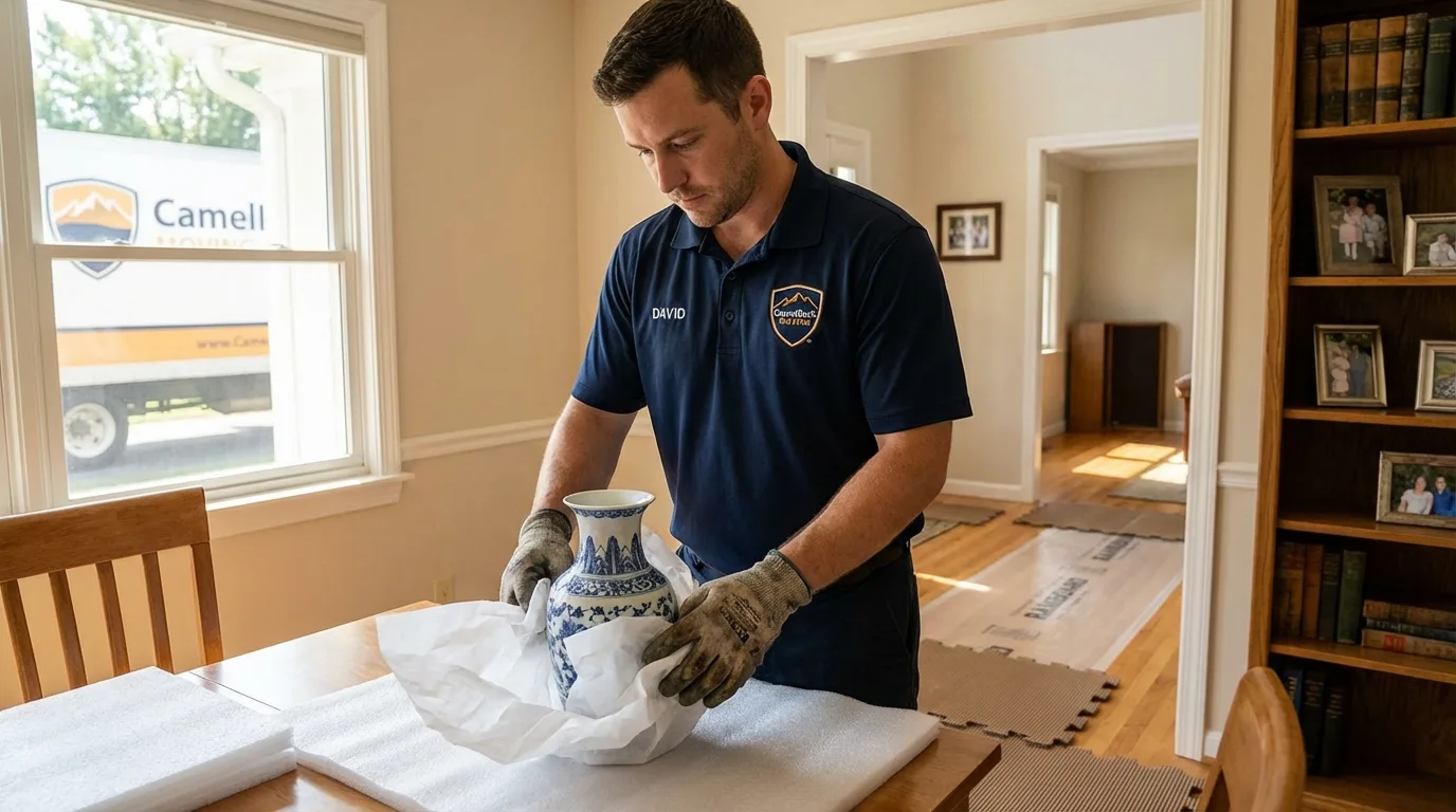 Professional crew carefully wrapping antique vase for senior downsizing move in Eden Prairie, MN